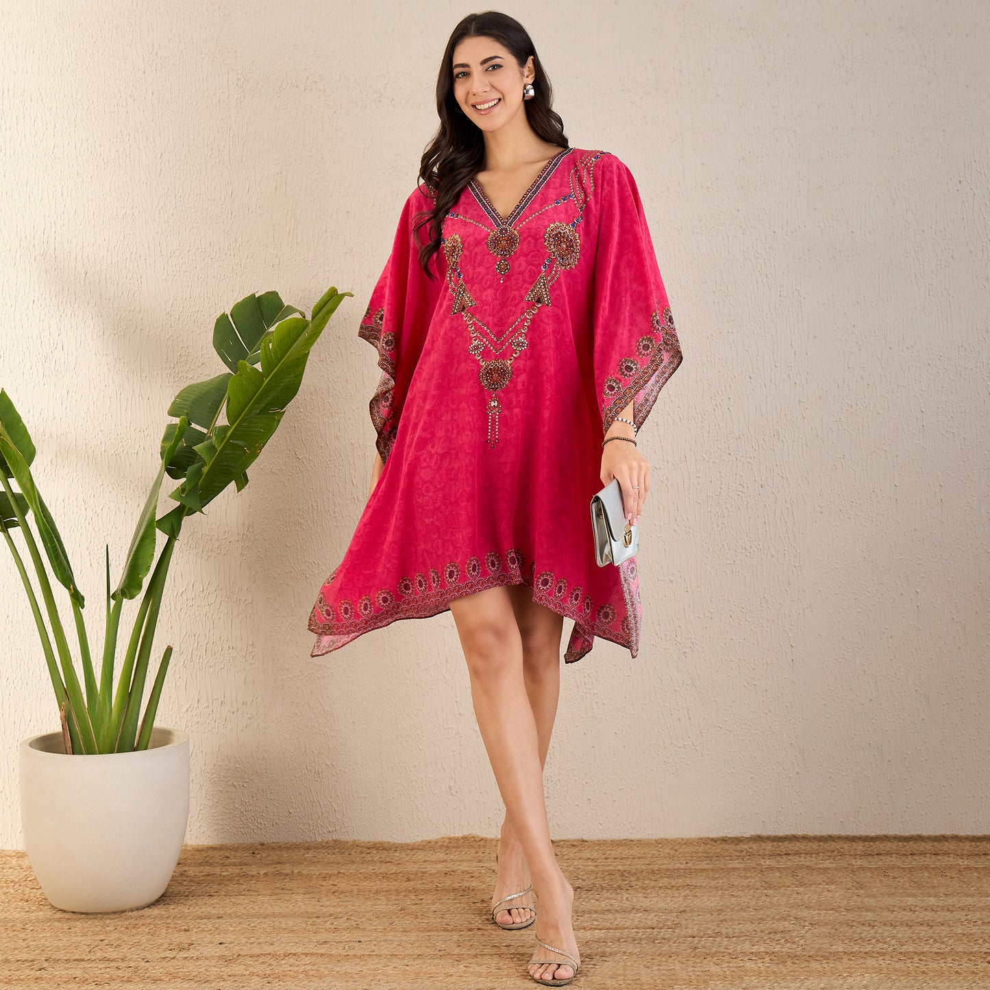 Hot Pink Pearl Embellished Kaftan Tunic