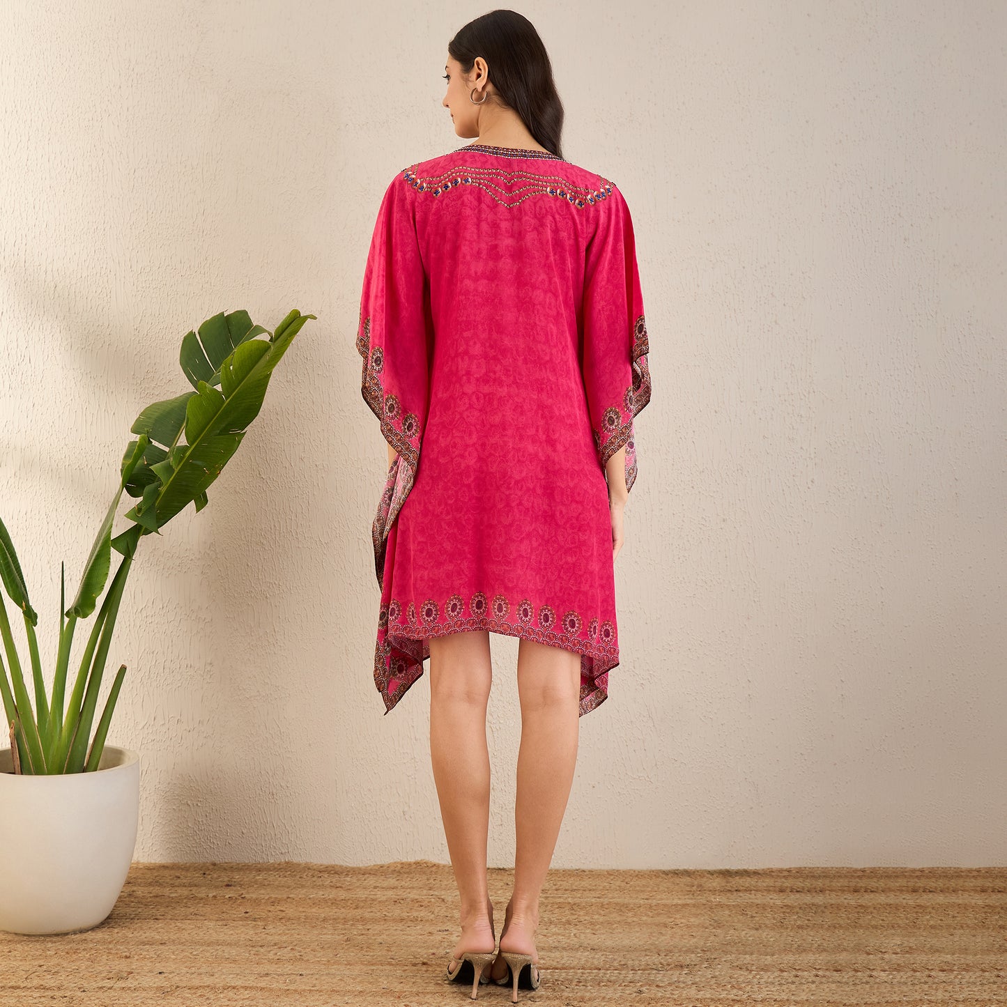 Hot Pink Pearl Embellished Kaftan Tunic