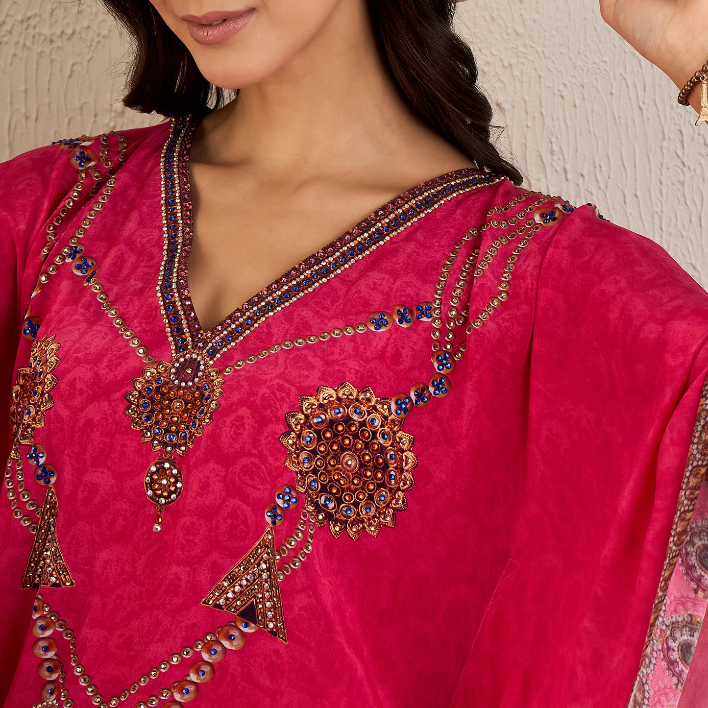 Hot Pink Pearl Embellished Kaftan Tunic