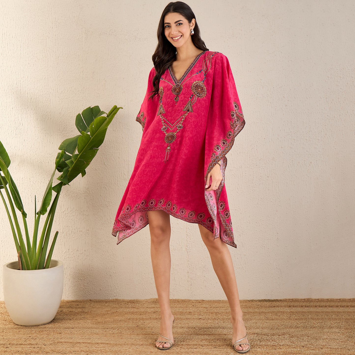 Hot Pink Pearl Embellished Kaftan Tunic