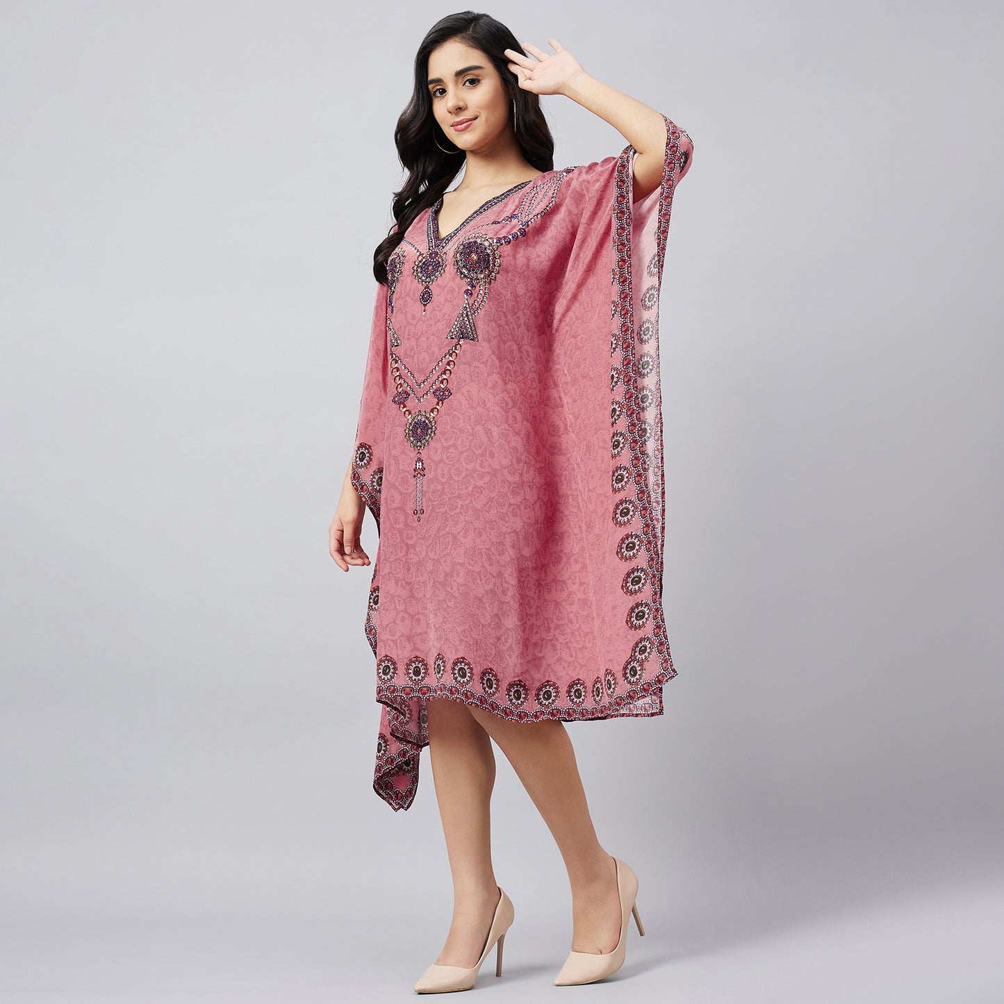 Rouge Pink Pearl Embellished Kaftan Tunic