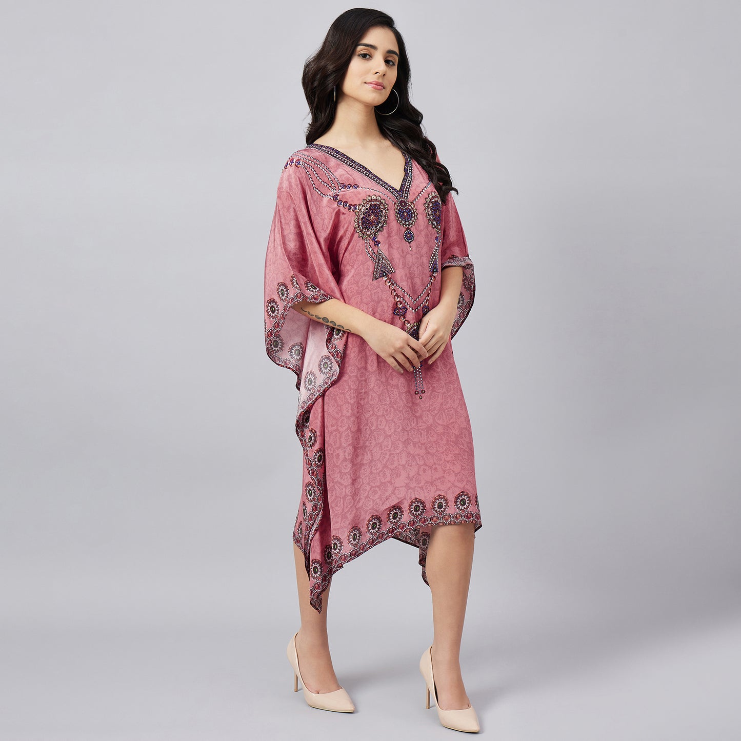 Rouge Pink Pearl Embellished Kaftan Tunic