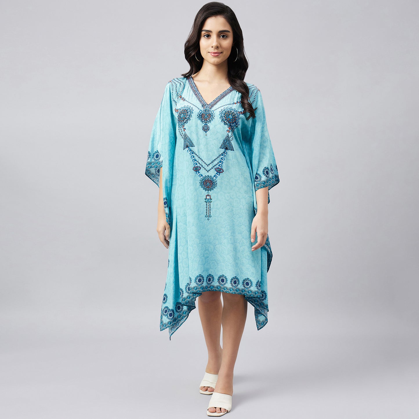 Sky Blue Pearl Embellished Kaftan Tunic