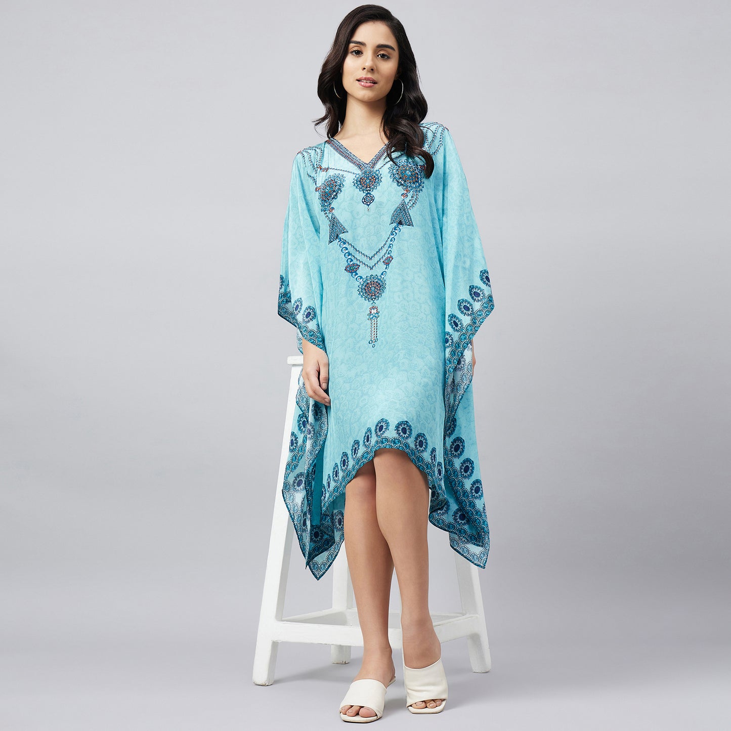 Sky Blue Pearl Embellished Kaftan Tunic