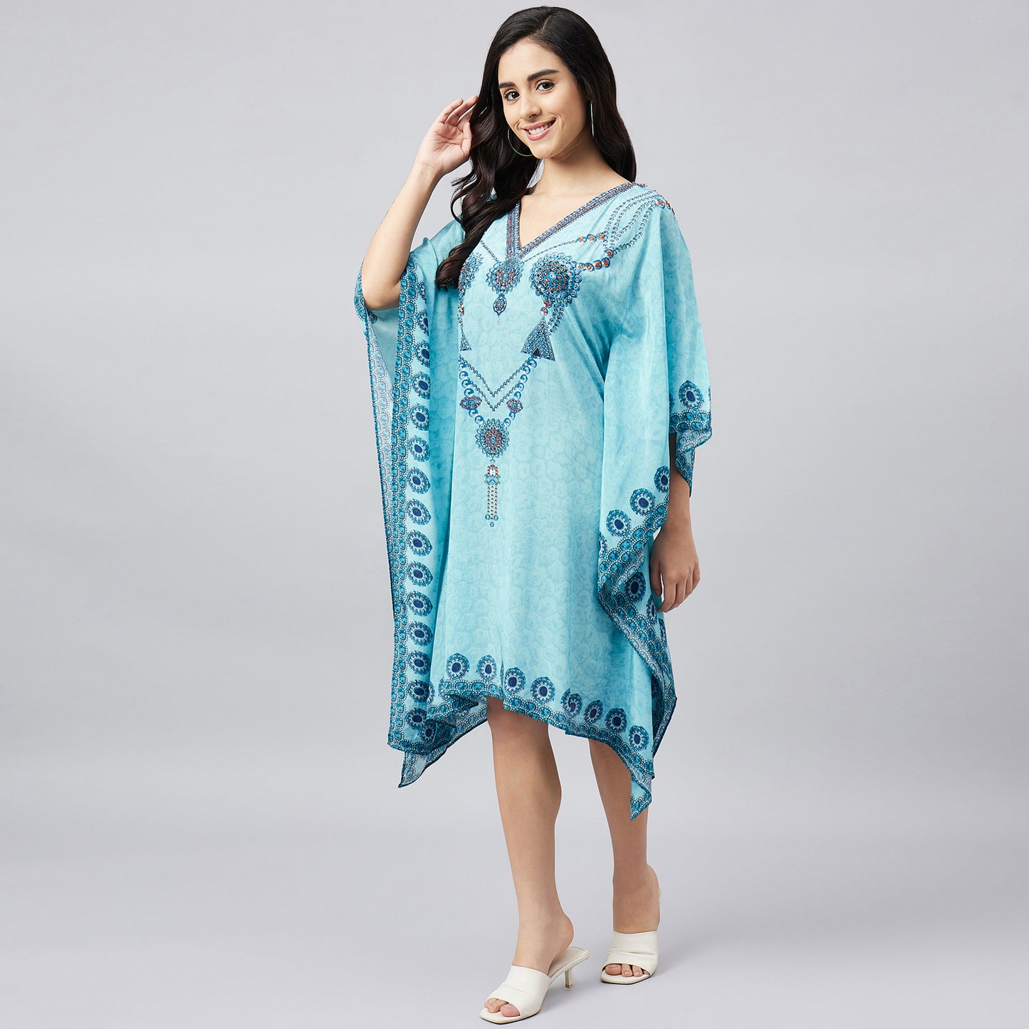 Sky Blue Pearl Embellished Kaftan Tunic