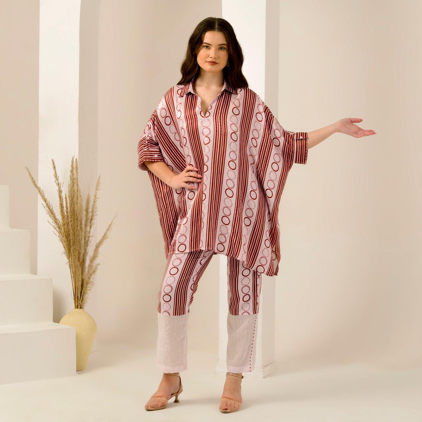 Pink and Red Powerful Stripe Print Embellished Kaftan Top