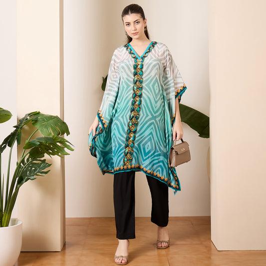 Aqua Blue Tribal Baroque Printed Kaftan Top