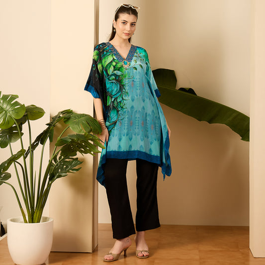 Blue Peacock Mist Hand Embroidered Kaftan