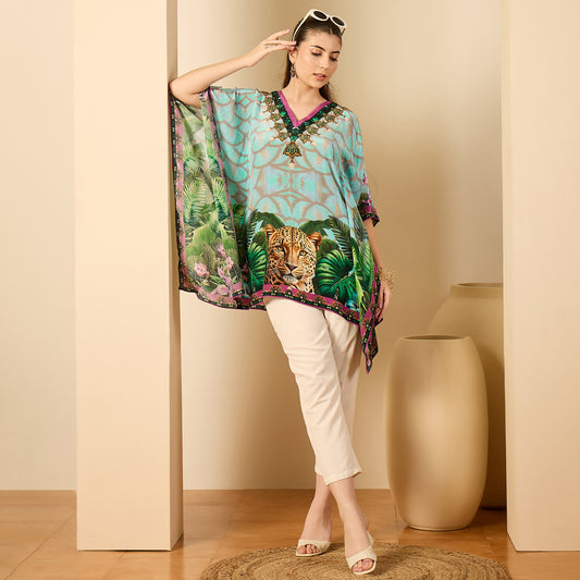 Yellow and Green Leopard Print Kaftan