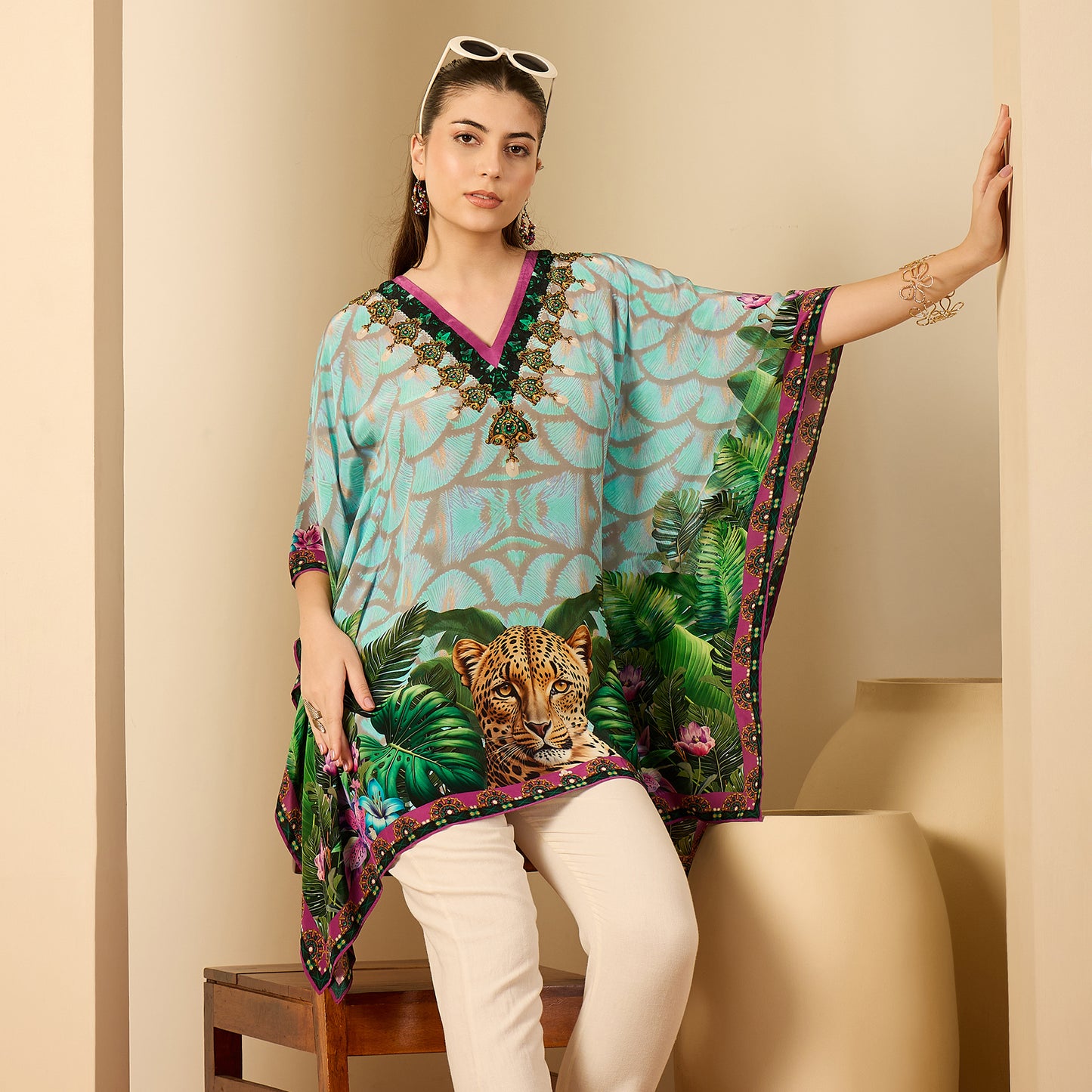 Yellow and Green Leopard Print Kaftan