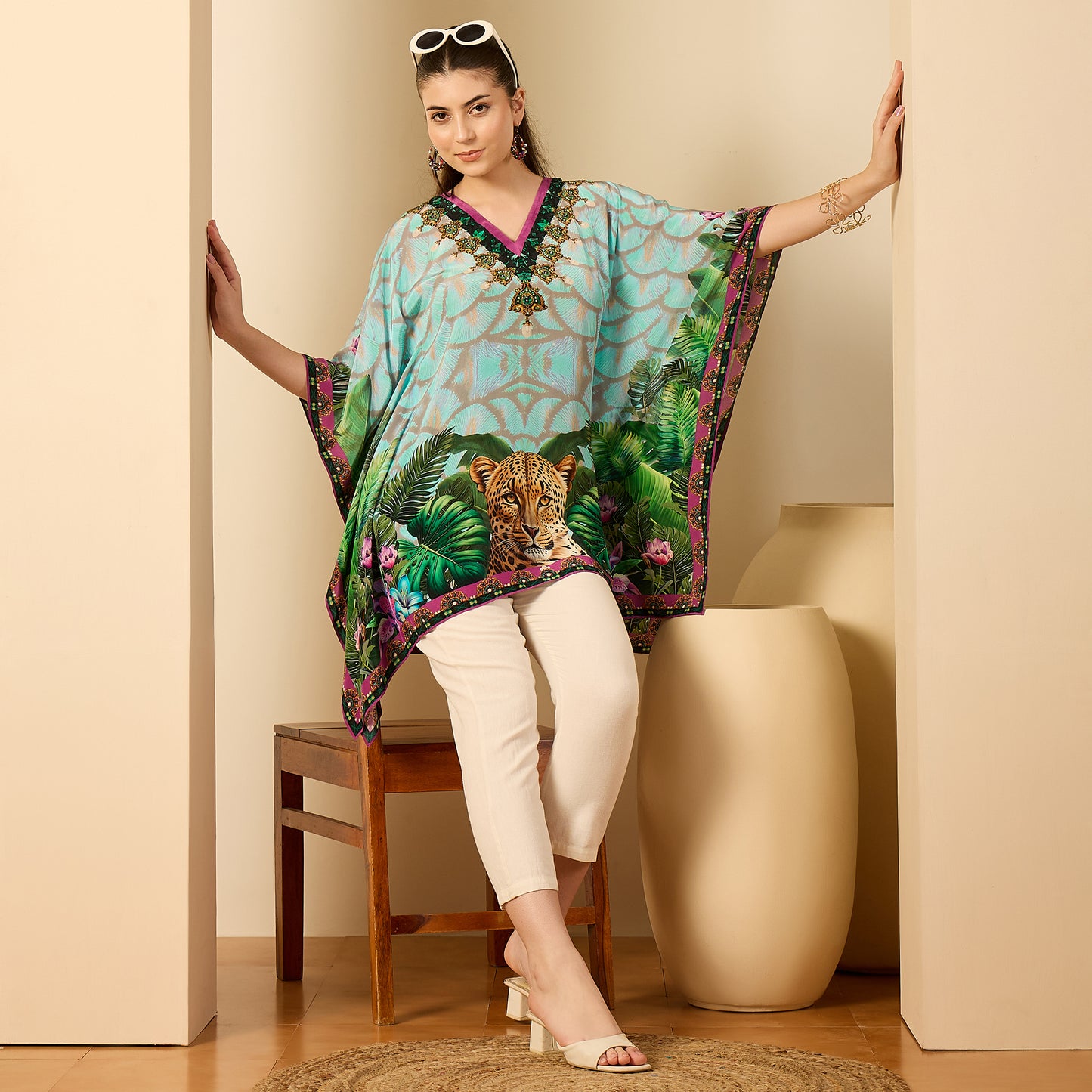 Yellow and Green Leopard Print Kaftan