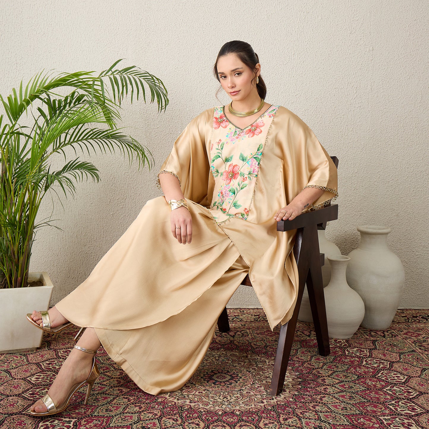Beige Floral Print Kaftan Top with Golden Embroidery
