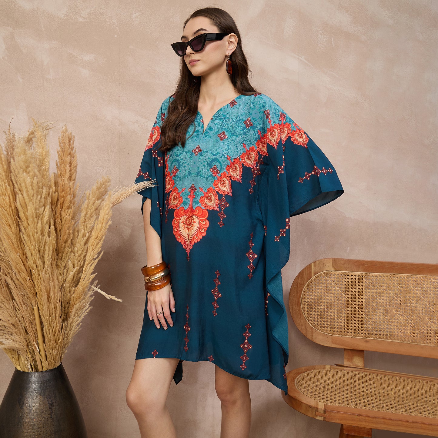 Blue Floral Print Kaftan for Women – Bamberg Muslin – Close Up | First Resort by Ramola Bachchan