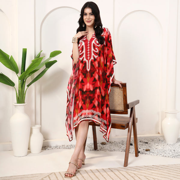 Red Abstract Print Kaftan for Women – Viscose Crepe | First Resort by Ramola Bachchan