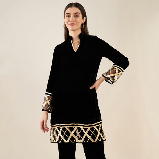 Black Silk Velvet Kurta with Gota Lace Detail