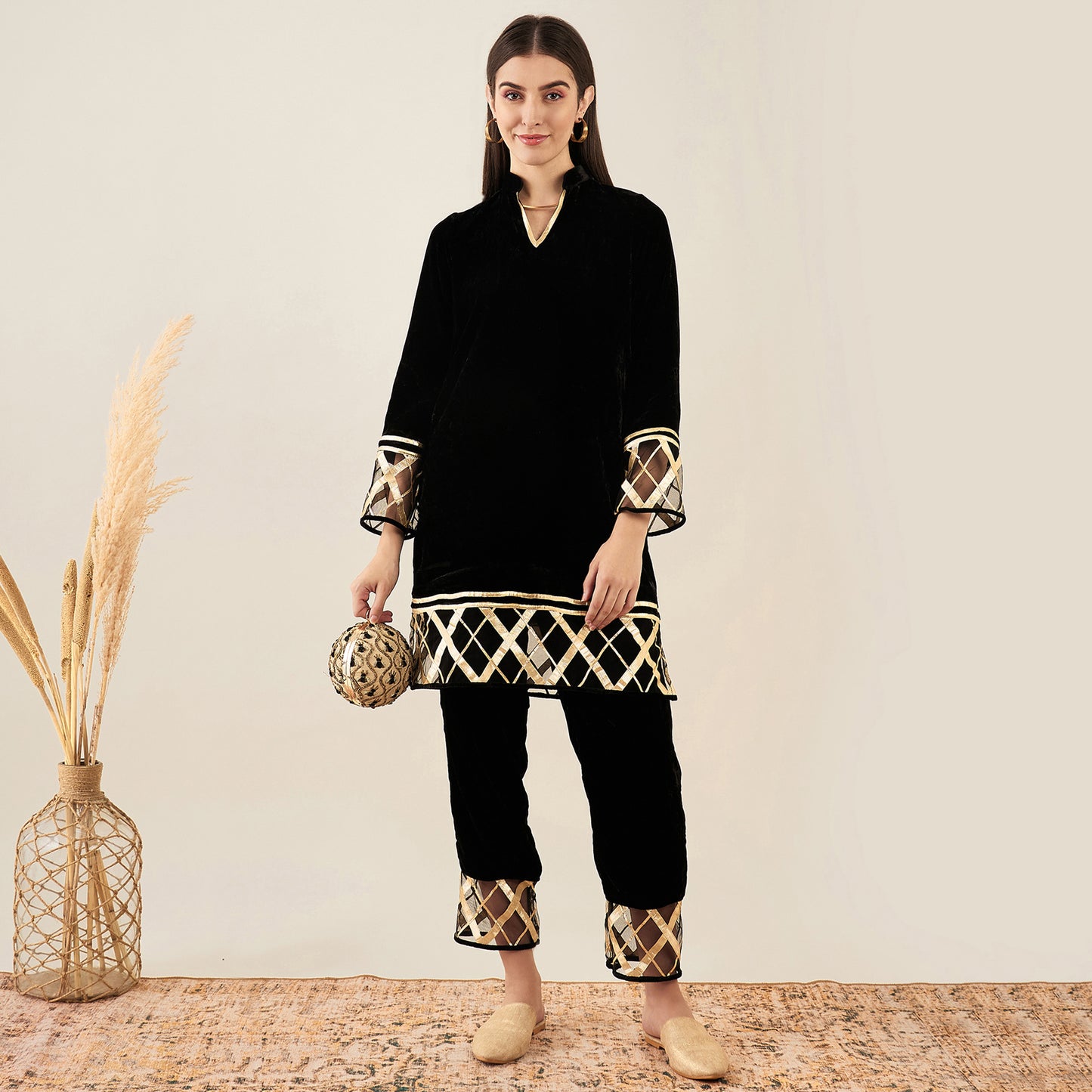 Black Silk Velvet Kurta with Gota Lace Detail
