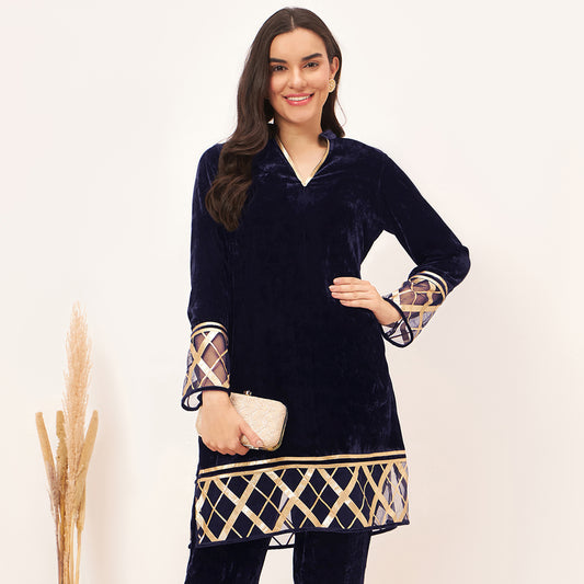 Blue Silk Velvet Kurta with Gota Lace Detail