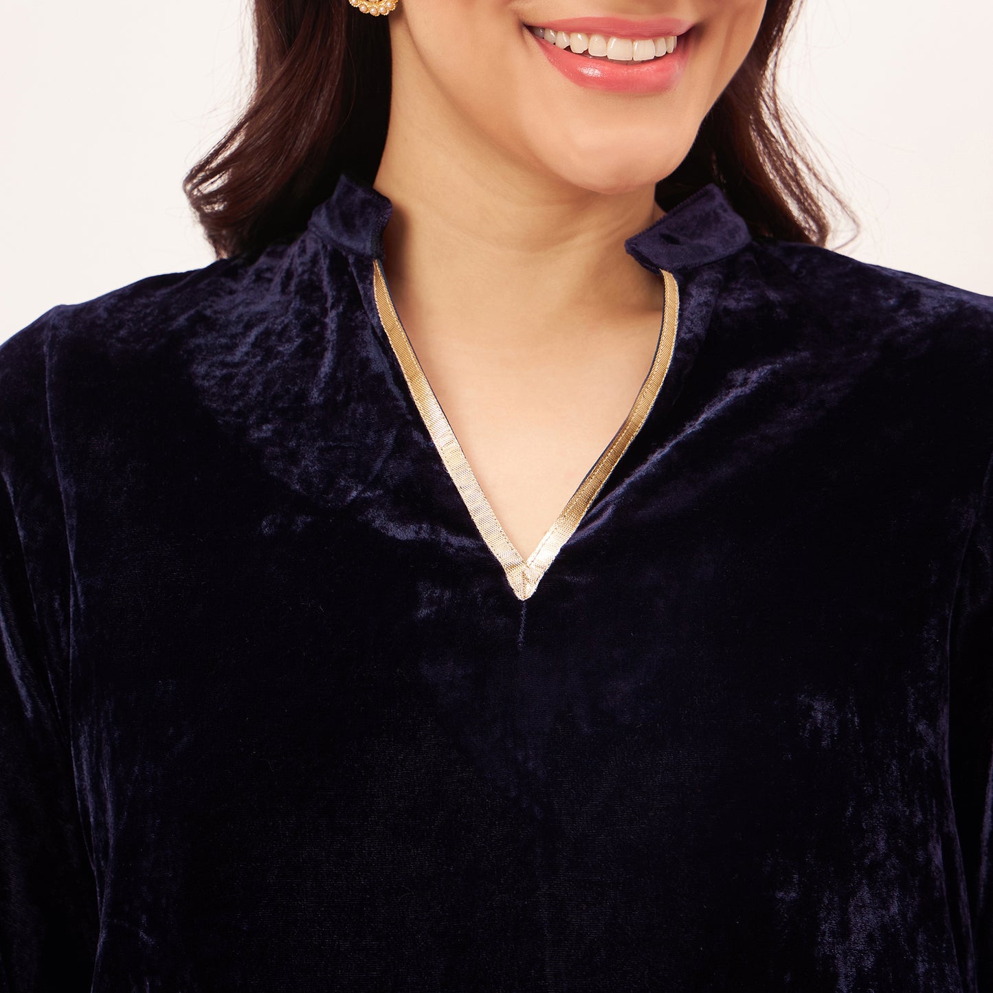 Blue Silk Velvet Kurta with Gota Lace Detail