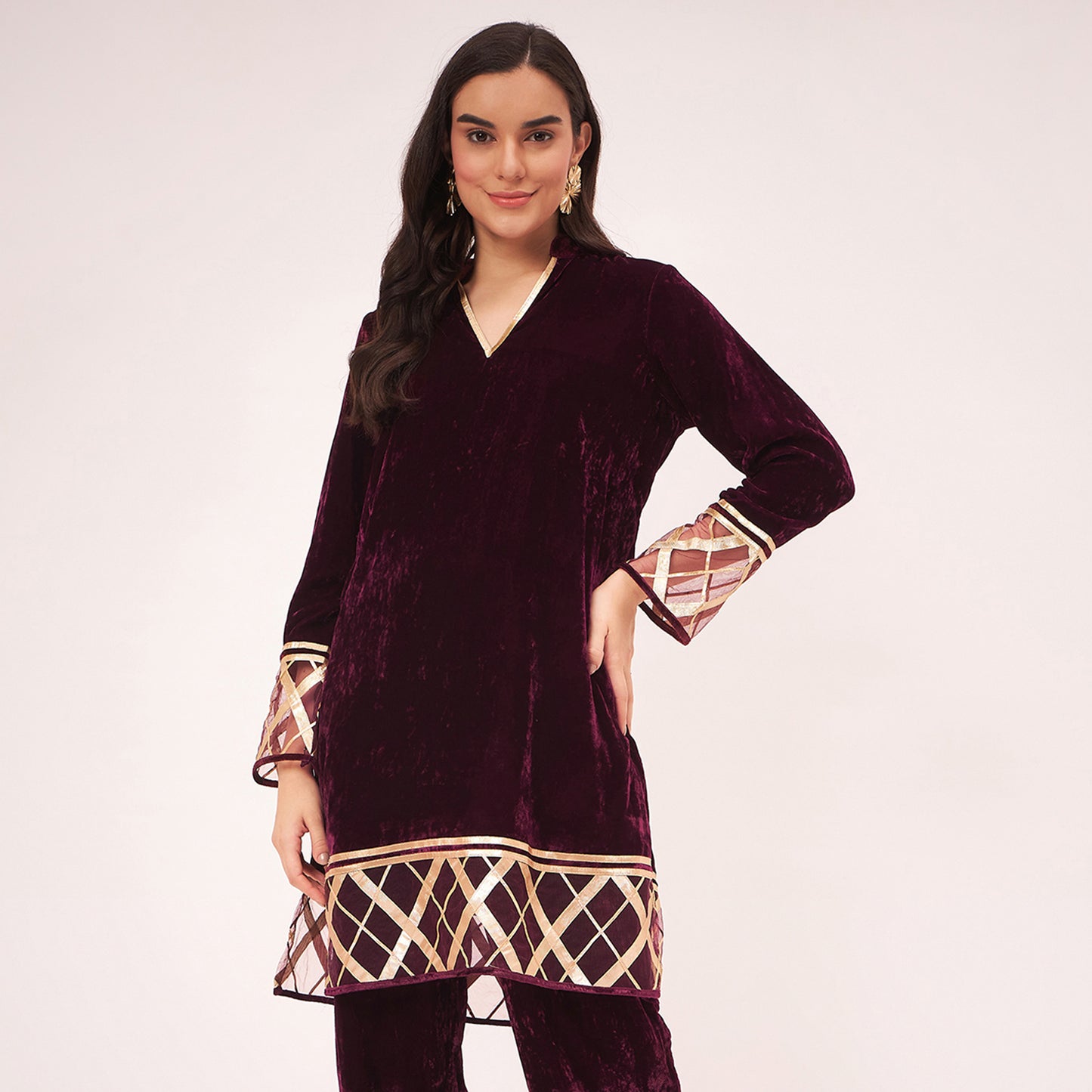 Maroon Silk Velvet Kurta with Gota Lace Detail