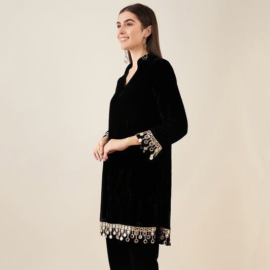Black Silk Velvet Kurta with Mirror Lace Detail