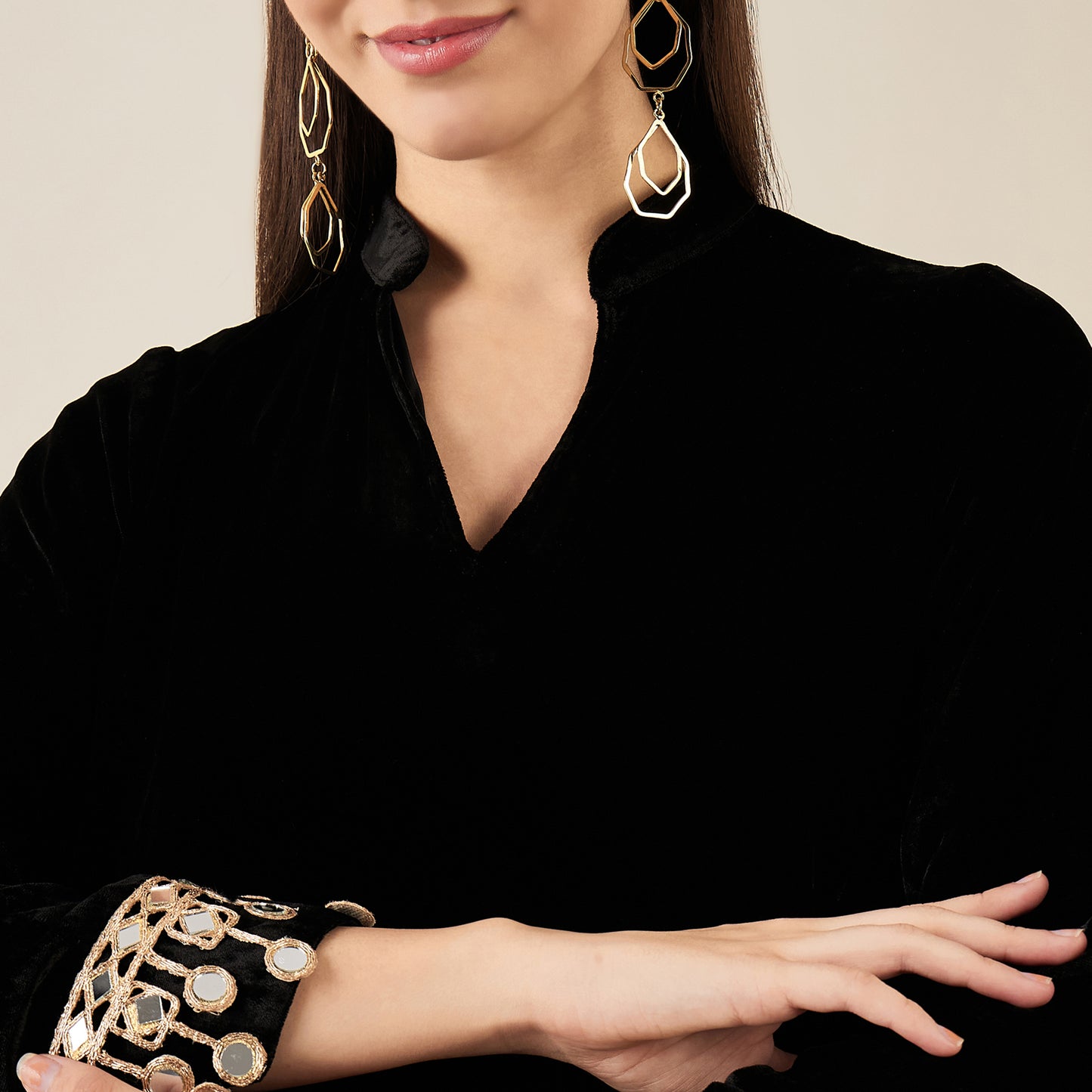 Black Silk Velvet Kurta with Mirror Lace Detail