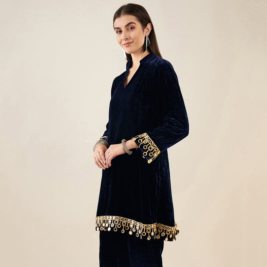 Blue Silk Velvet Kurta with Mirror Lace Detail