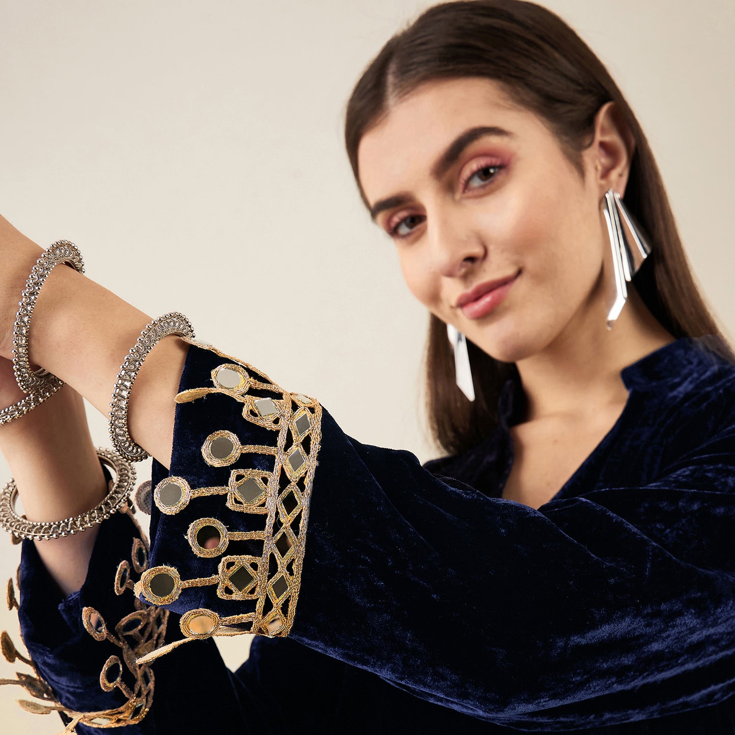 Blue Silk Velvet Kurta with Mirror Lace Detail