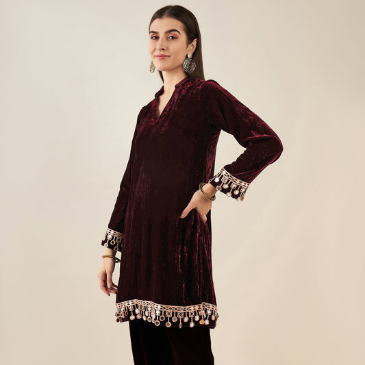 Maroon Silk Velvet Kurta with Mirror Lace Detail