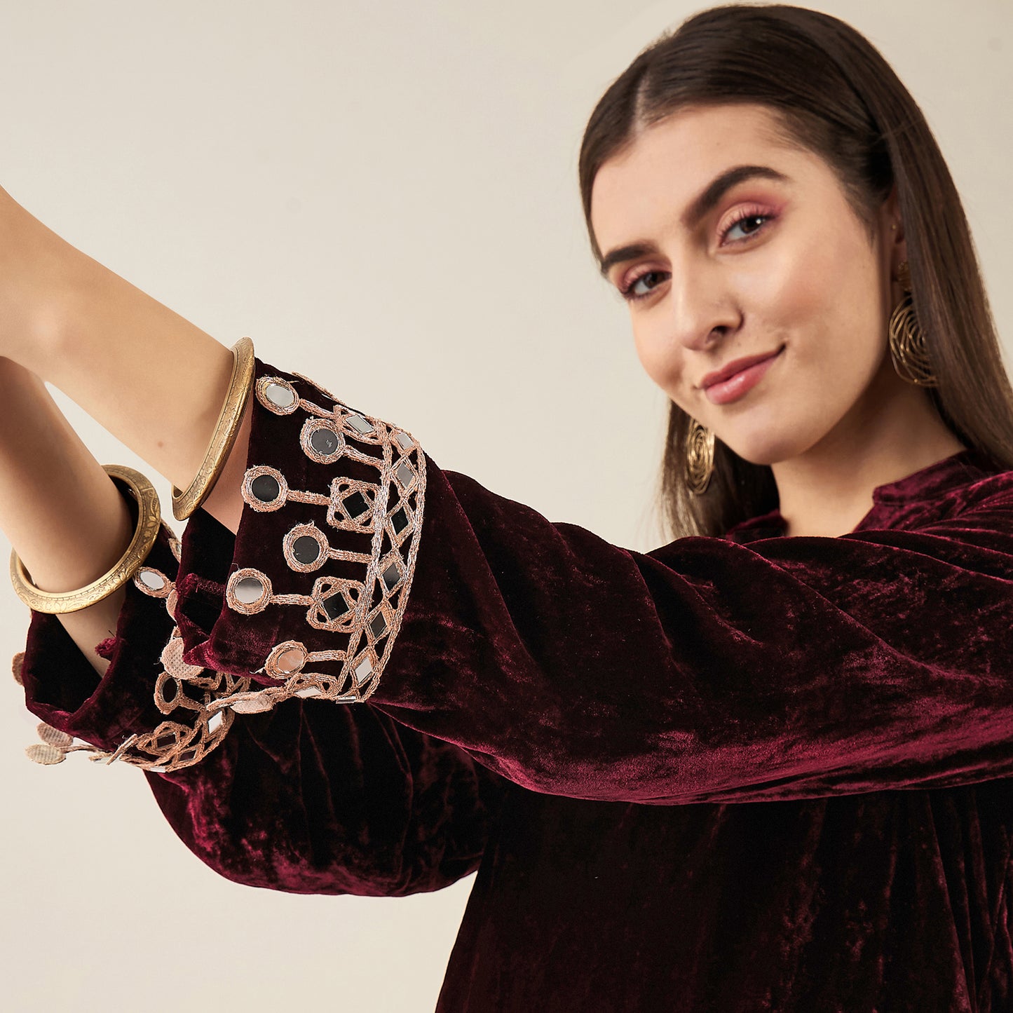 Maroon Silk Velvet Kurta with Mirror Lace Detail