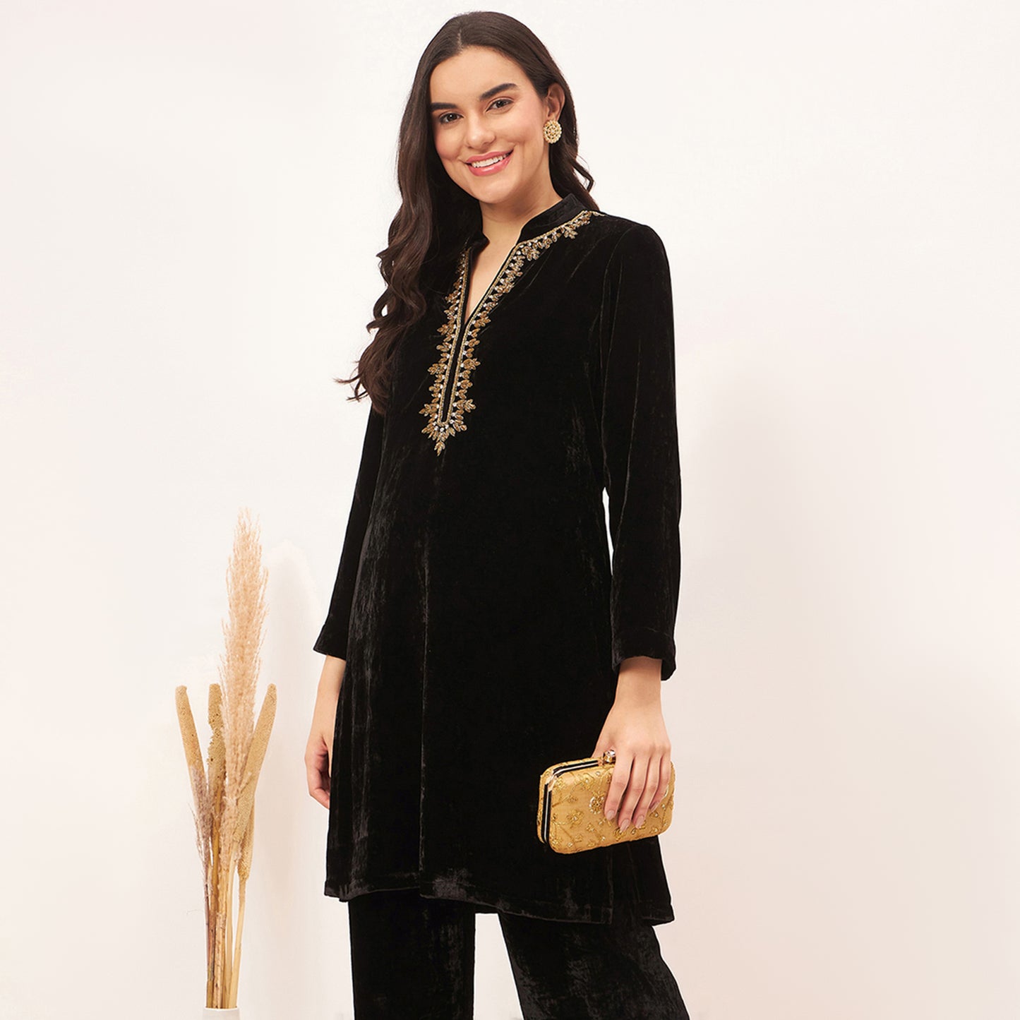 Black Hand Embroidered Silk Velvet Kurta