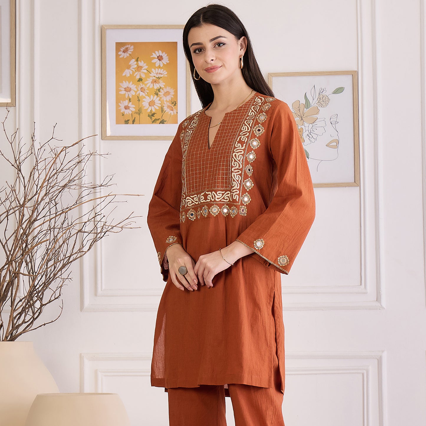 Earthy Brown Yoke Embroidered Kurta