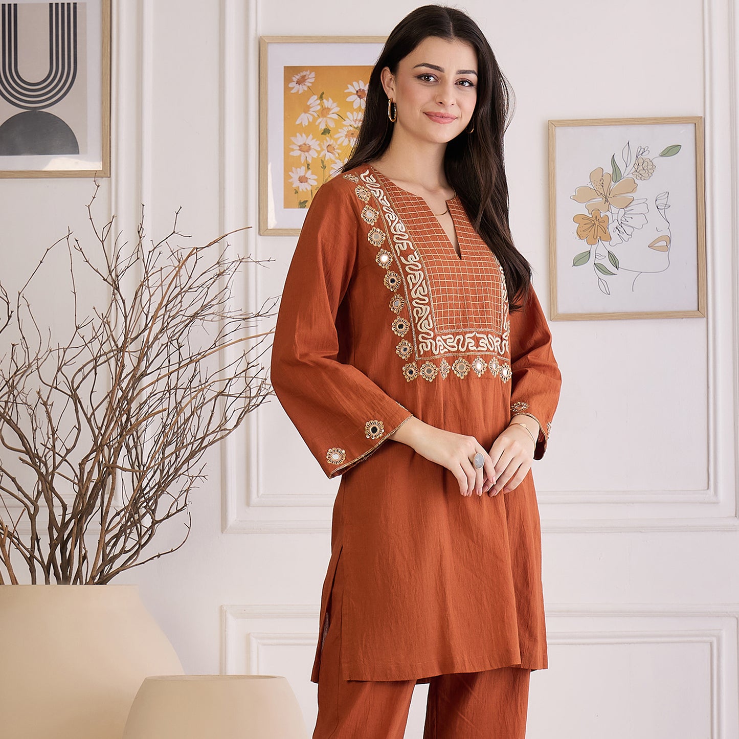 Earthy Brown Yoke Embroidered Kurta