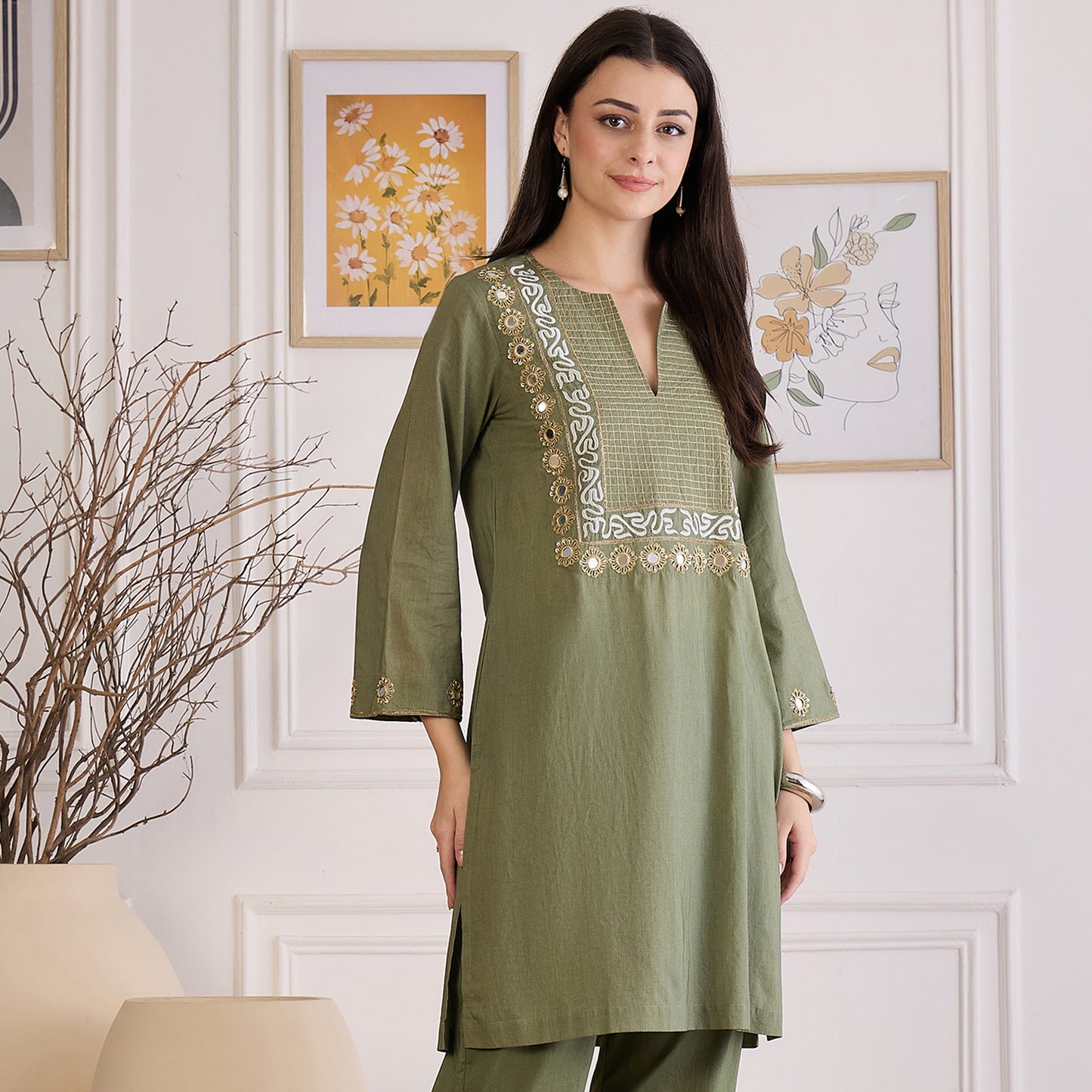 Green Yoke Embroidered Kurta