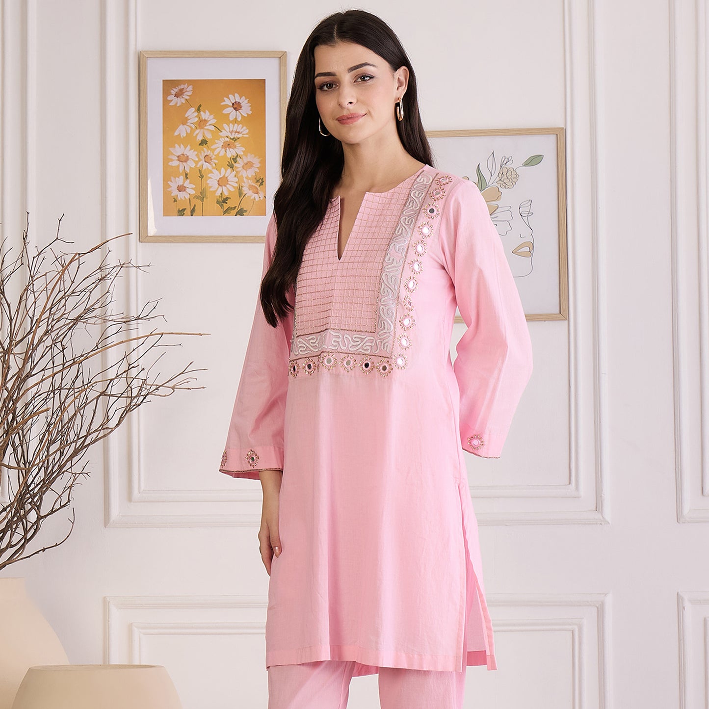 Pink Yoke Embroidered Kurta