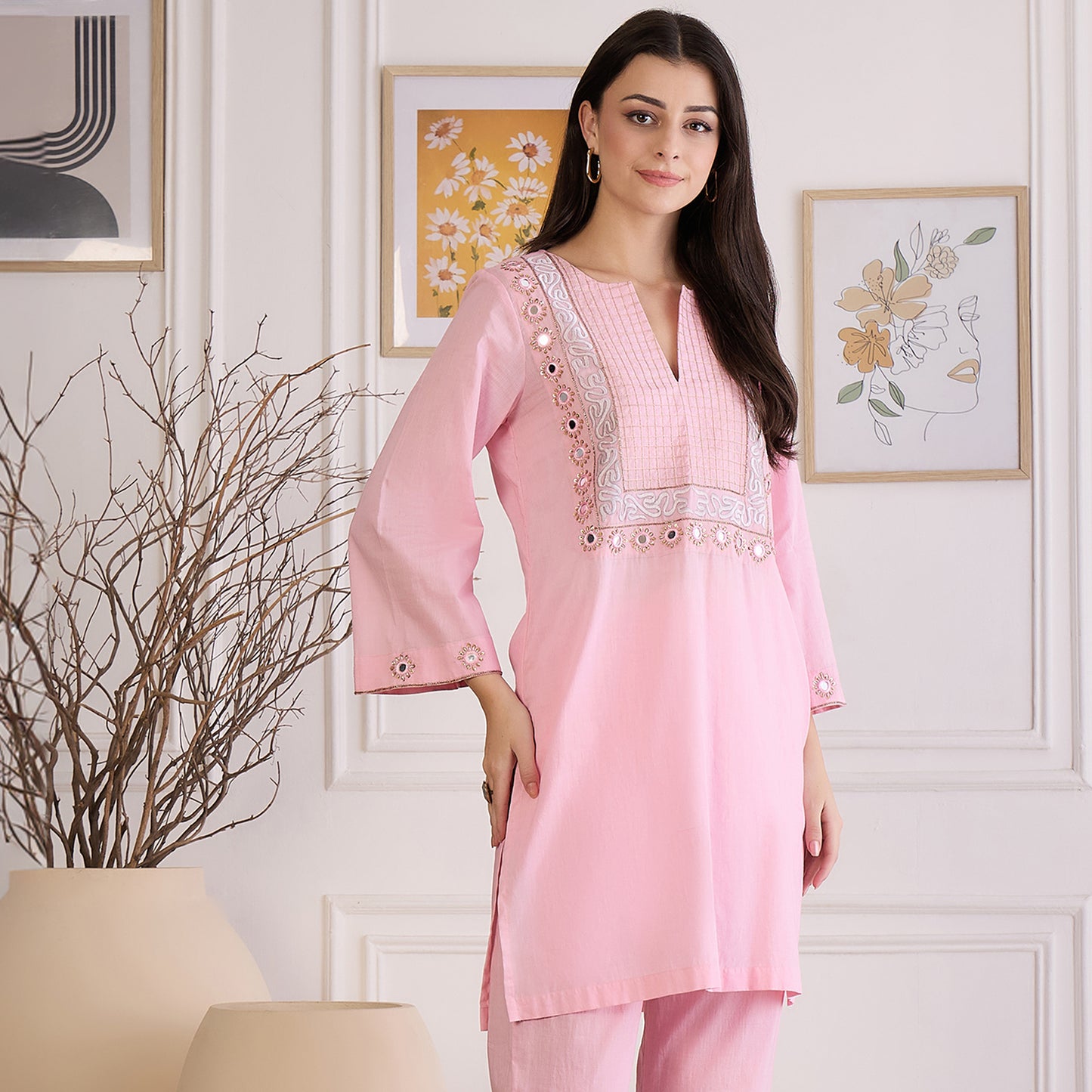 Pink Yoke Embroidered Kurta