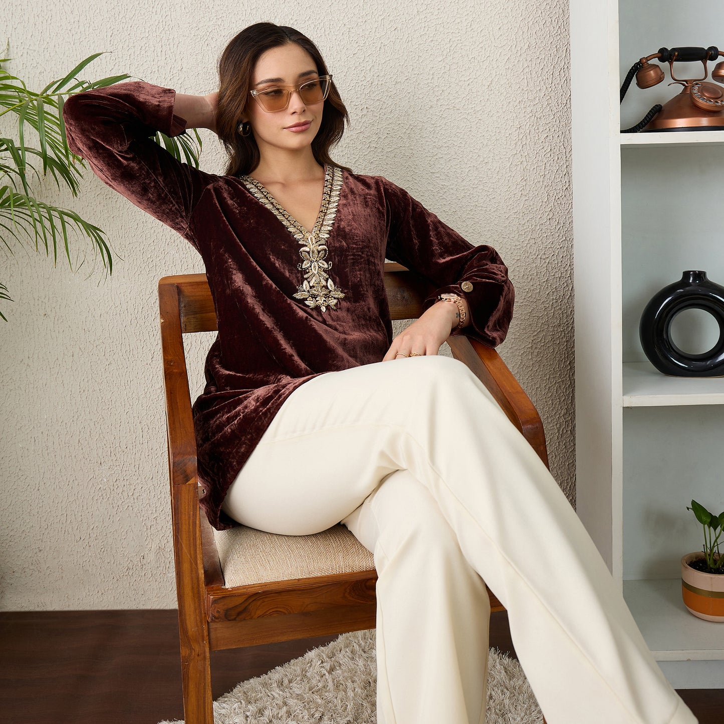 Brown Golden Yoke Hand Embroidered Velvet Kurta