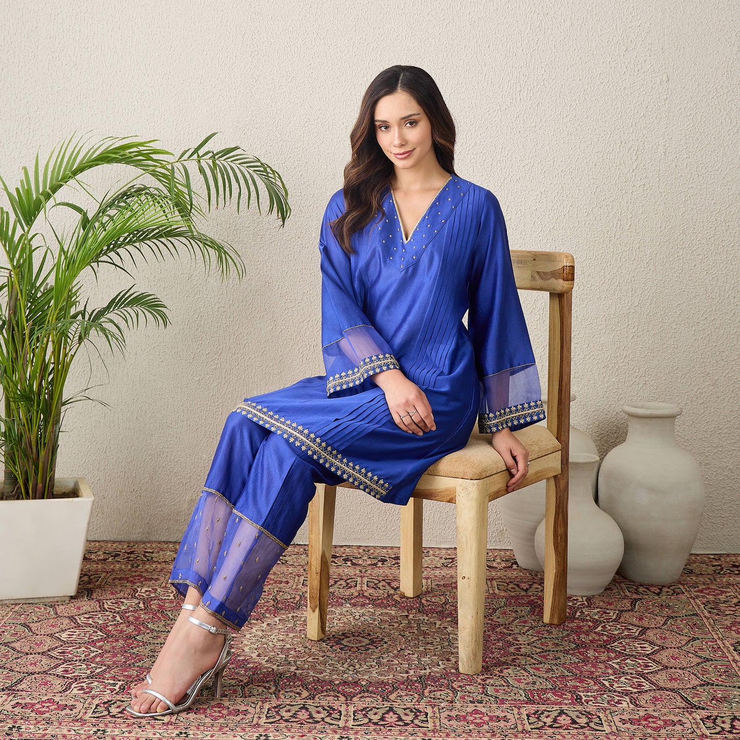 Navy Blue Hand Embroidered Pleated Kurta