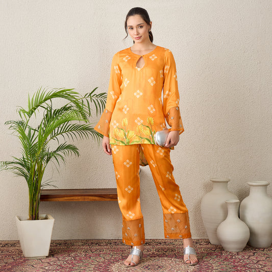 Orange Boota Print High-Low Kurta