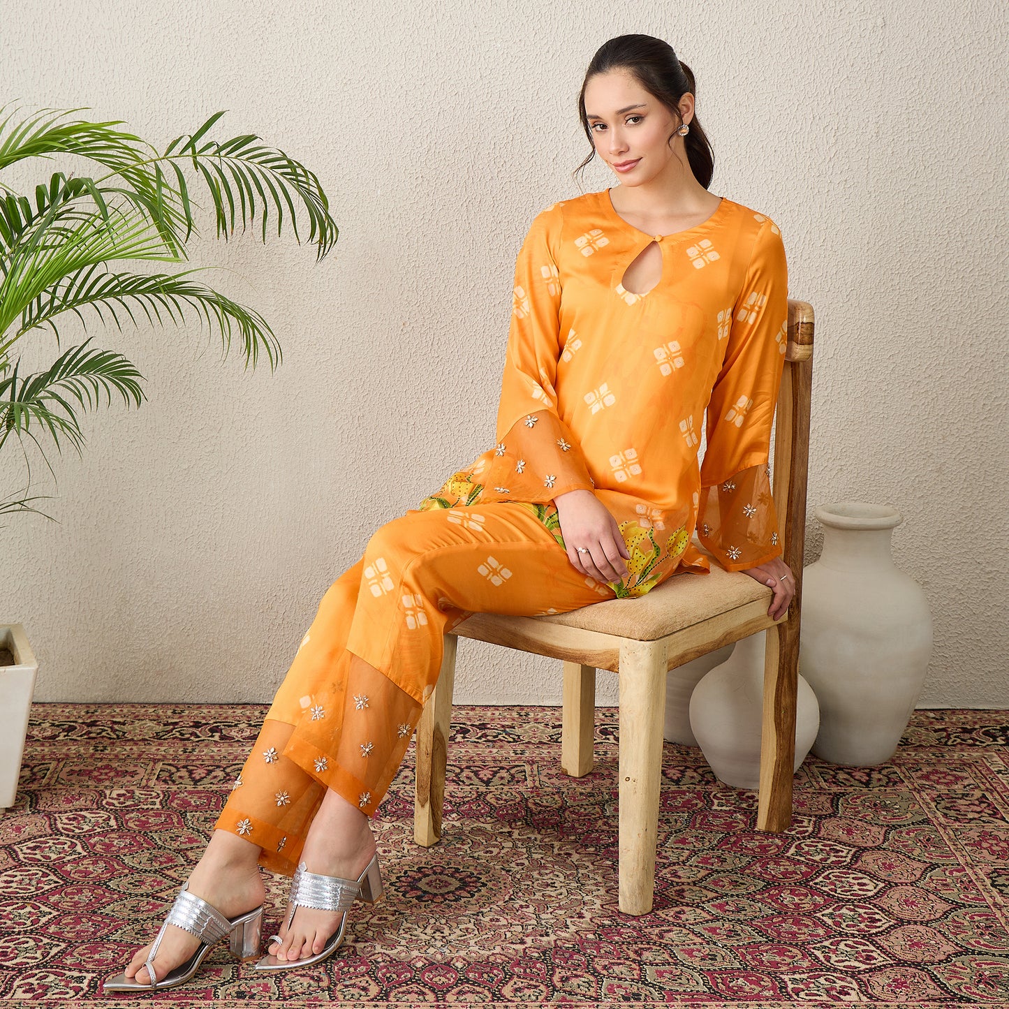Orange Boota Print High-Low Kurta