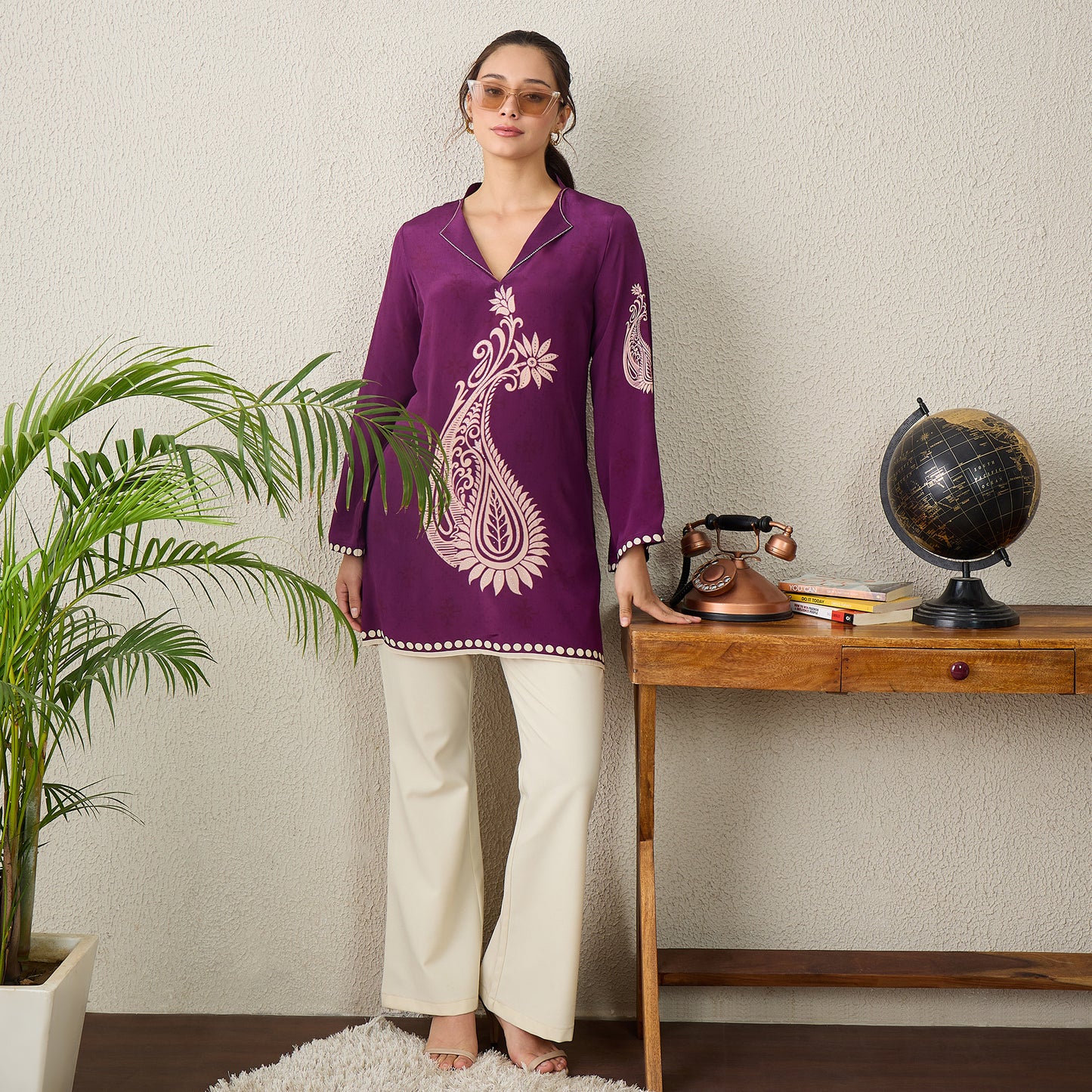 Magenta Paisley Crystal Embellished Short Kurta