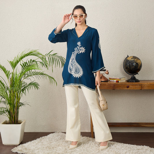 Navy Blue Paisley Crystal Embellished Short Kurta