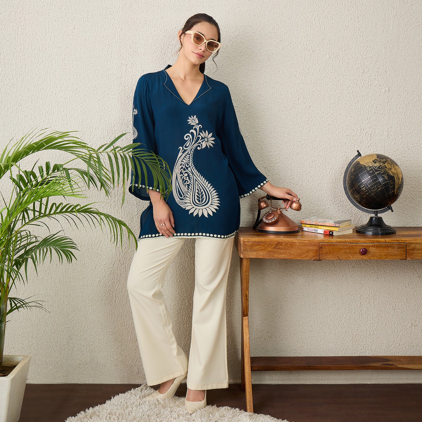 Navy Blue Paisley Crystal Embellished Short Kurta