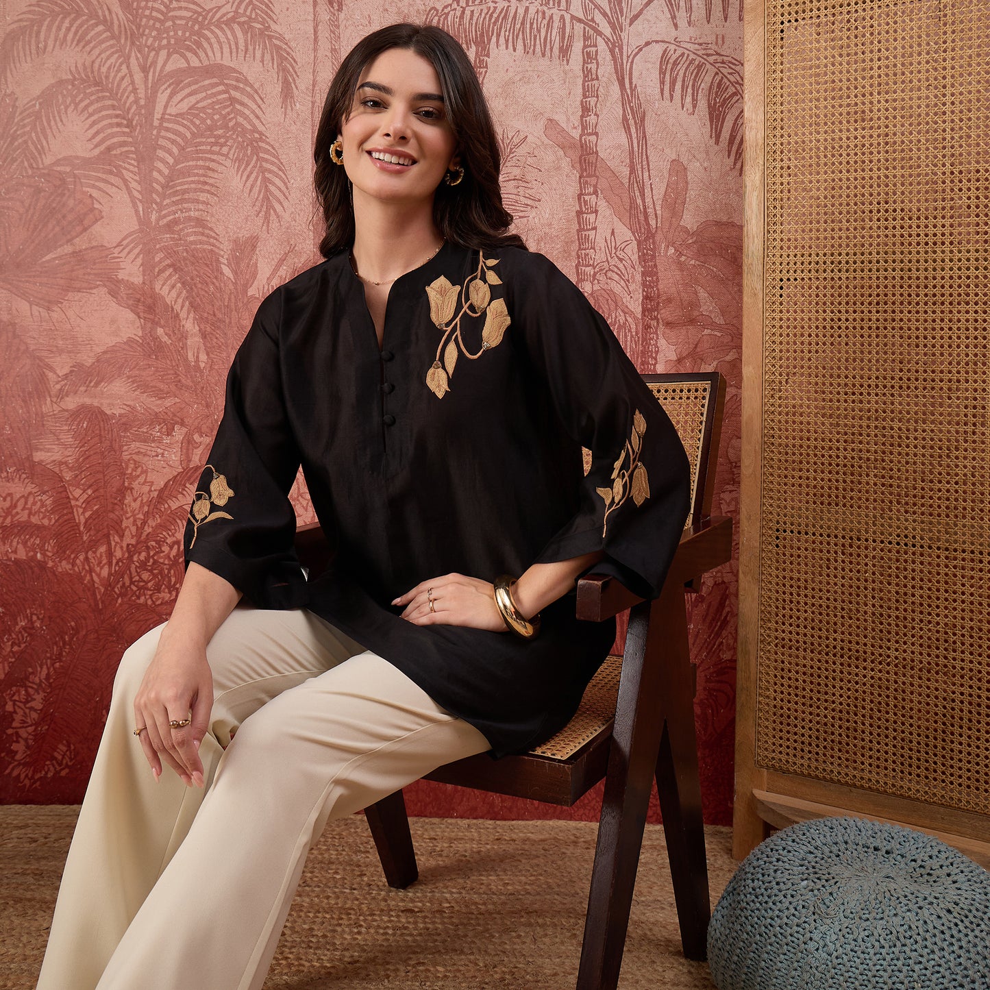 Black Tulip Embroidered Short Kurti
