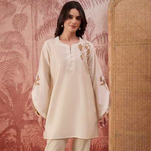 Cream Tulip Embroidered Short Kurti