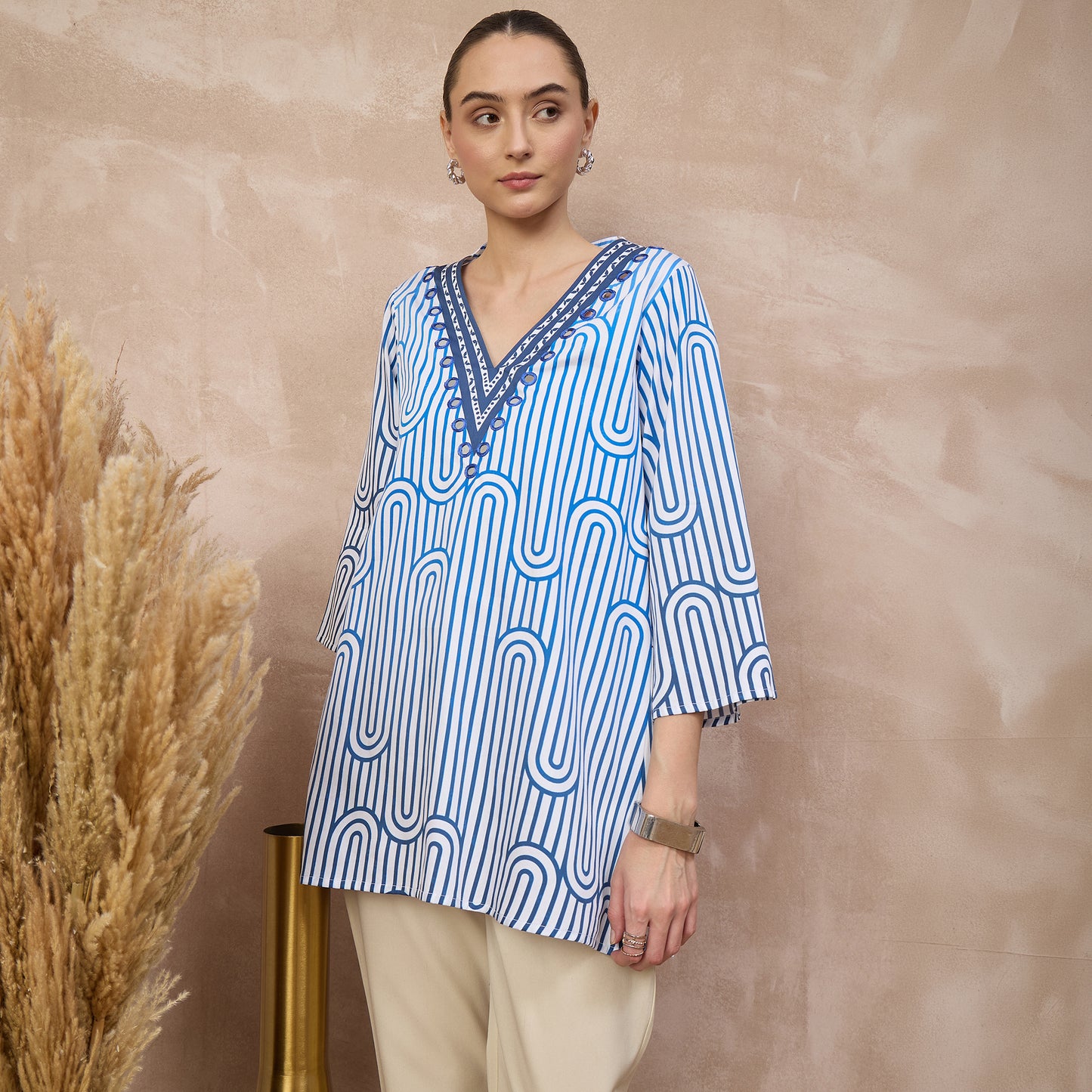 White and Blue Geometric Print Kurta for Women – Cotton Satin – Close Up | First Resort by Ramola Bachchan