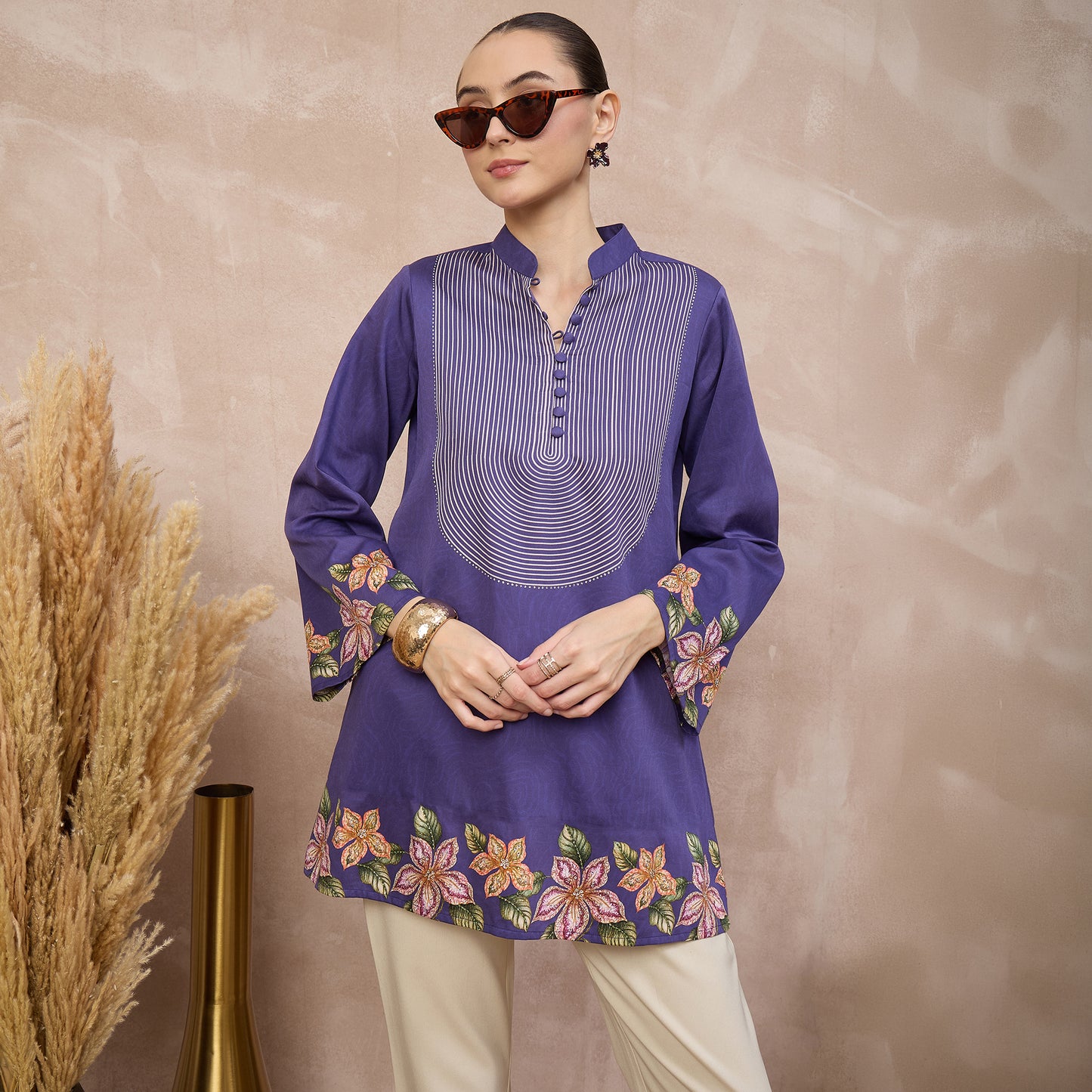 Purple Floral Print Kurta for Women – Cotton Satin – Close Up | First Resort by Ramola Bachchan