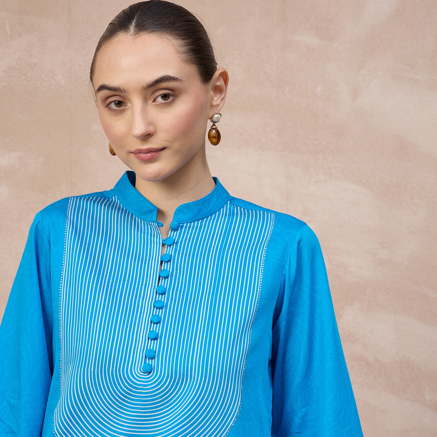 Sky Blue Floral Print Kurta for Women – Cotton Satin – Close Up | First Resort by Ramola Bachchan