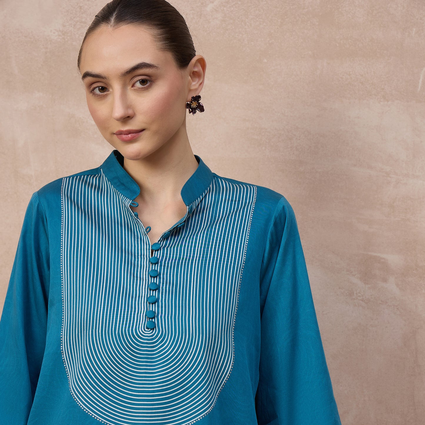 Teal Floral Print Kurta for Women – Cotton Satin – Close Up | First Resort by Ramola Bachchan