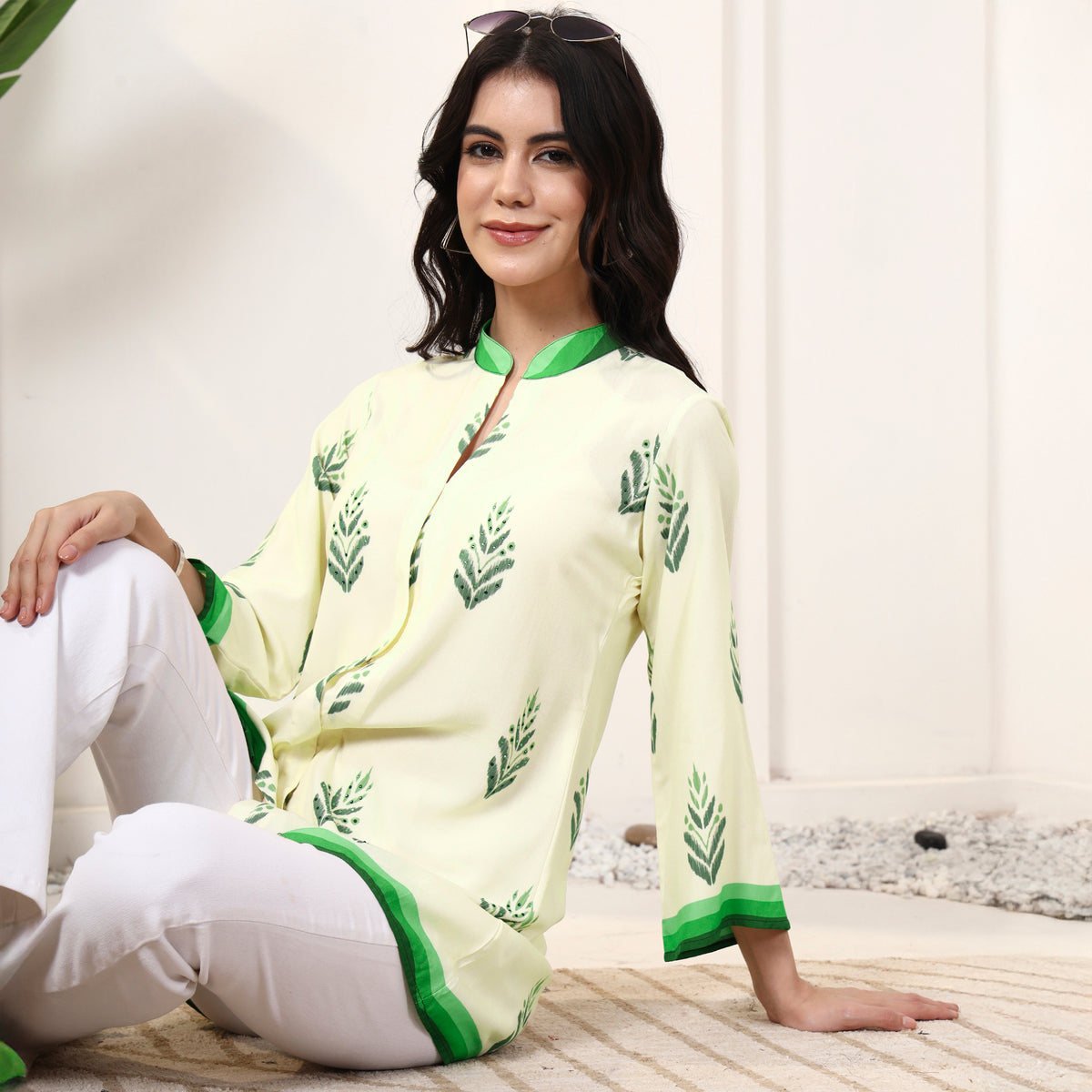 Cream Geometric Print Kurta for Women – Viscose Rayon | First Resort by Ramola Bachchan