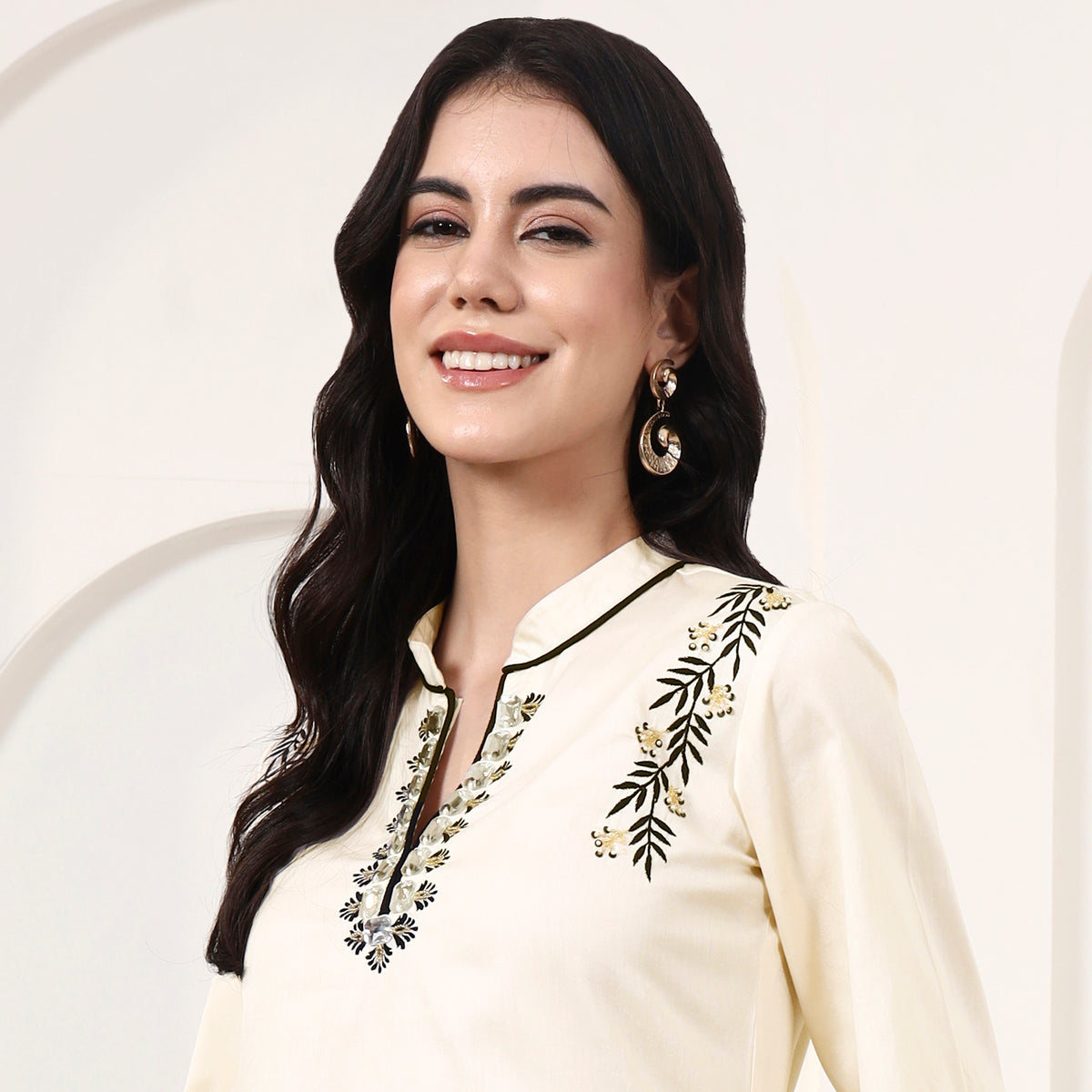 Cream Kurta for Women – Cotton Satin – Close Up | First Resort by Ramola Bachchan